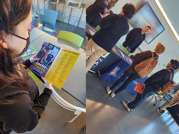 Student reviing a college brochure and student in line at the fair